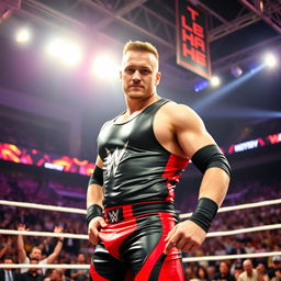 Austin Theory, a professional wrestler, posing in an action-packed moment inside a wrestling ring