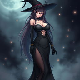 A sexy demonic anime girl witch with long, flowing hair and stylish glasses