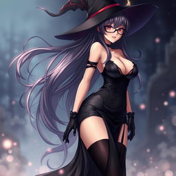 A sexy demonic anime girl witch with long, flowing hair and stylish glasses