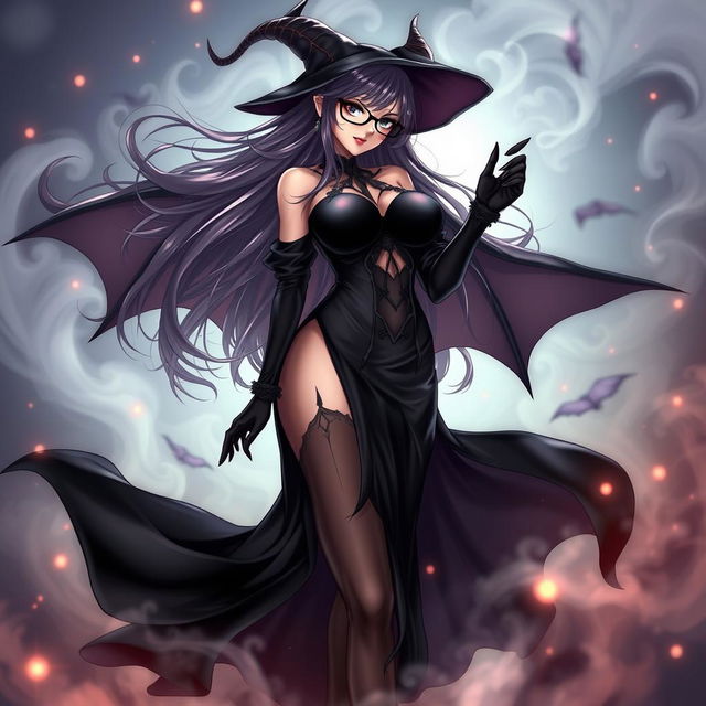 A sexy demonic anime girl witch with long, flowing hair and stylish glasses