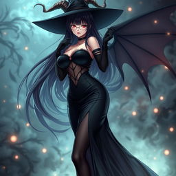 A sexy demonic anime girl witch with long, flowing hair and stylish glasses