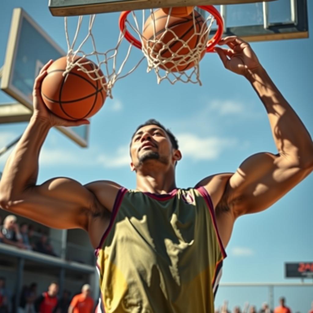 A tall Asian male bodybuilder playing basketball, showcasing muscular arms and a chiseled physique