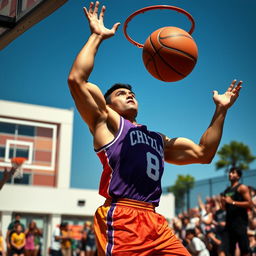 A tall Asian male bodybuilder playing basketball, showcasing muscular arms and a chiseled physique