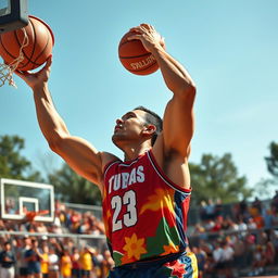 A tall Asian male bodybuilder playing basketball, showcasing muscular arms and a chiseled physique