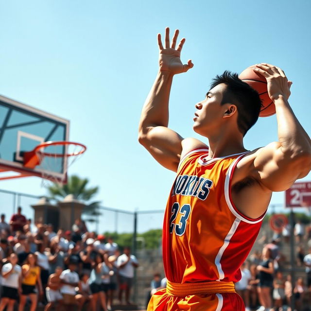 A tall Asian male bodybuilder playing basketball, showcasing muscular arms and a chiseled physique