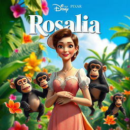 A vibrant Disney Pixar movie poster featuring an elegant white woman from the 1910s, dressed in beautiful vintage attire, set in a lush tropical Cuban finca