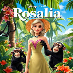 A vibrant Disney Pixar movie poster featuring an elegant white woman from the 1910s, dressed in beautiful vintage attire, set in a lush tropical Cuban finca