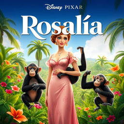 A vibrant Disney Pixar movie poster featuring an elegant white woman from the 1910s, dressed in beautiful vintage attire, set in a lush tropical Cuban finca