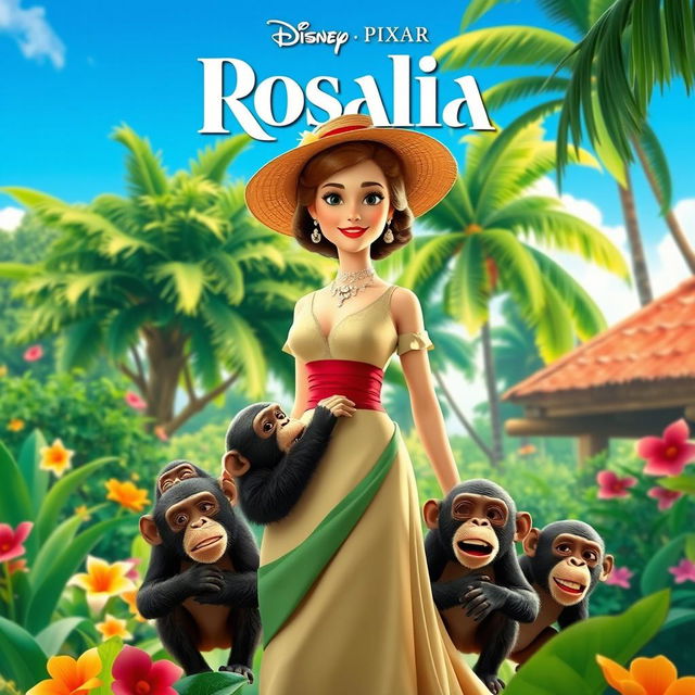 A vibrant Disney Pixar movie poster featuring an elegant white woman from the 1910s, dressed in beautiful vintage attire, set in a lush tropical Cuban finca