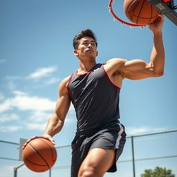 A tall Asian male bodybuilder playing basketball, demonstrating strength and athleticism