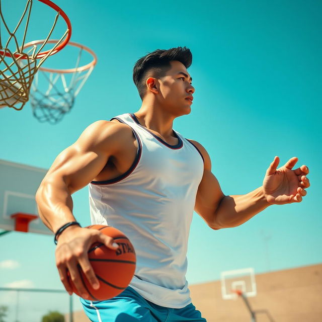 A tall Asian male bodybuilder playing basketball, demonstrating strength and athleticism