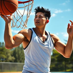 A tall Asian male bodybuilder playing basketball, demonstrating strength and athleticism