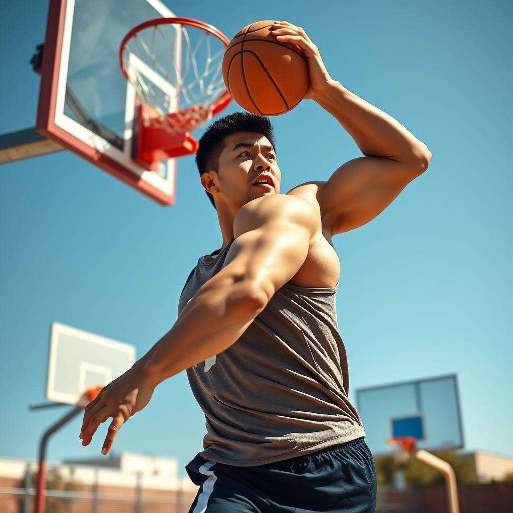 A tall Asian male bodybuilder playing basketball, demonstrating strength and athleticism