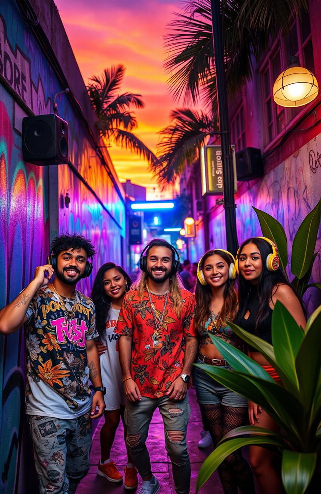 A vibrant and energetic scene inspired by the Brazilian trap plug aesthetic, capturing the essence of a lively urban environment