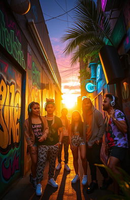 A vibrant and energetic scene inspired by the Brazilian trap plug aesthetic, capturing the essence of a lively urban environment