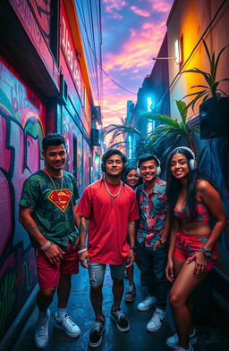 A vibrant and energetic scene inspired by the Brazilian trap plug aesthetic, capturing the essence of a lively urban environment