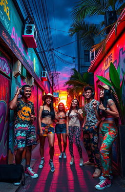 A vibrant and energetic scene inspired by the Brazilian trap plug aesthetic, capturing the essence of a lively urban environment