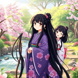 A manhwa style illustration featuring three Japanese sisters with long, flowing black hair wearing elegant kimonos adorned with floral patterns