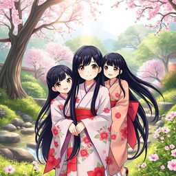 A manhwa style illustration featuring three Japanese sisters with long, flowing black hair wearing elegant kimonos adorned with floral patterns