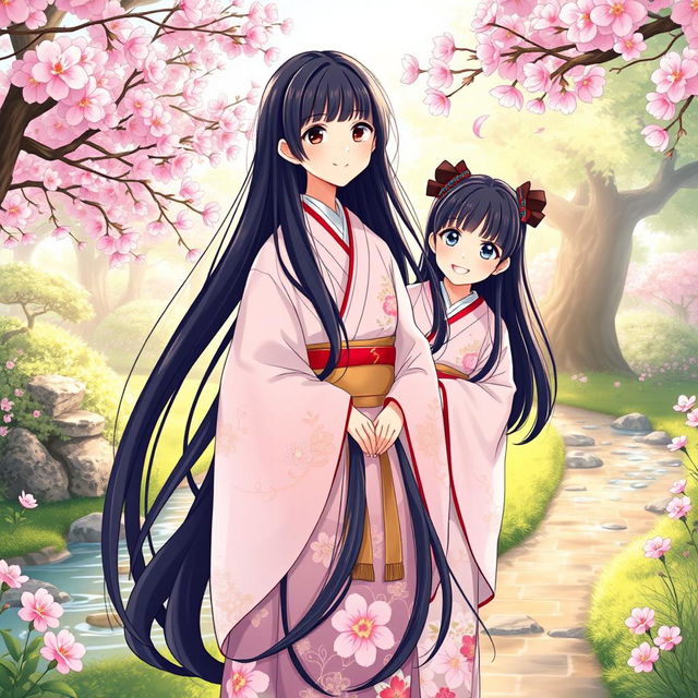 A manhwa style illustration featuring three Japanese sisters with long, flowing black hair wearing elegant kimonos adorned with floral patterns