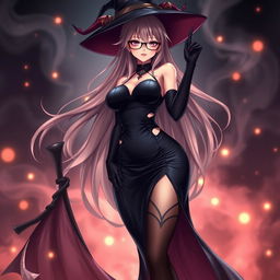 A sexy demonic anime girl witch with long, flowing hair and stylish glasses, radiating an alluring charm