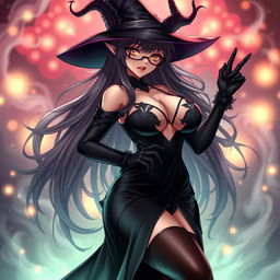 A sexy demonic anime girl witch with long, flowing hair and stylish glasses, radiating an alluring charm