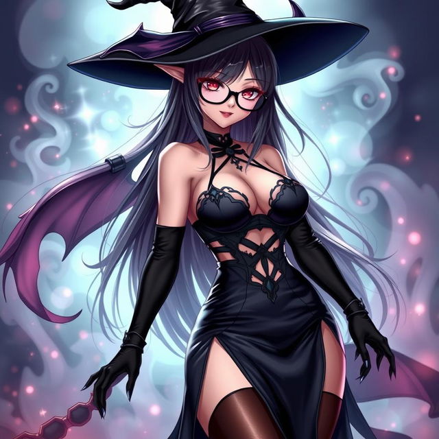 A sexy demonic anime girl witch with long, flowing hair and stylish glasses, radiating an alluring charm