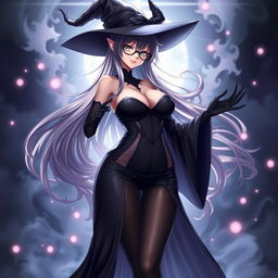 A sexy demonic anime girl witch with long, flowing hair and stylish glasses, radiating an alluring charm