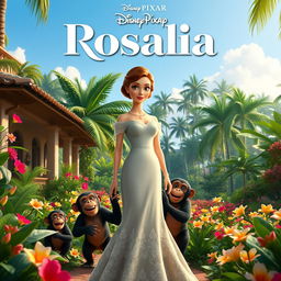 A captivating Disney Pixar movie poster featuring an elegant white woman from the 1910s, adorned in exquisite period attire, standing in a lush tropical garden of a Cuban hacienda