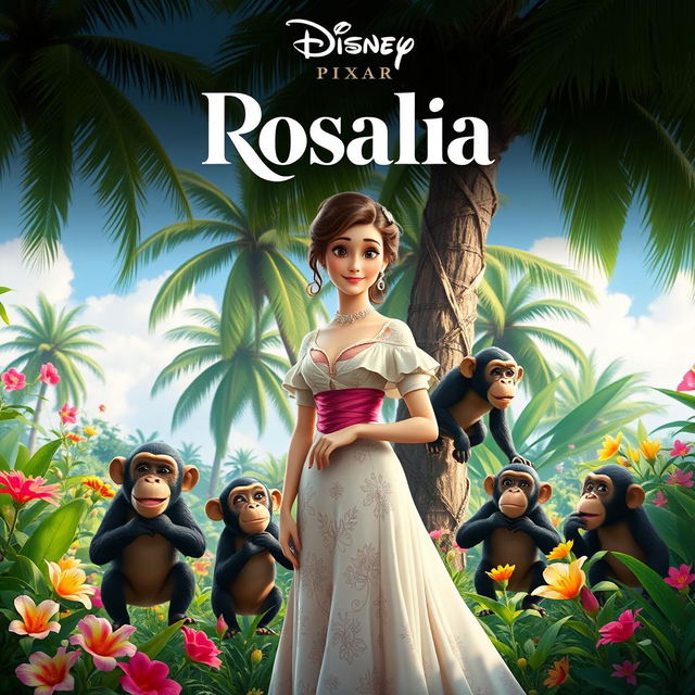 A captivating Disney Pixar movie poster featuring an elegant white woman from the 1910s, adorned in exquisite period attire, standing in a lush tropical garden of a Cuban hacienda