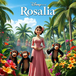 A captivating Disney Pixar movie poster featuring an elegant white woman from the 1910s, adorned in exquisite period attire, standing in a lush tropical garden of a Cuban hacienda