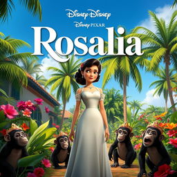 A captivating Disney Pixar movie poster featuring an elegant white woman from the 1910s, adorned in exquisite period attire, standing in a lush tropical garden of a Cuban hacienda