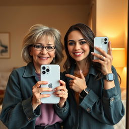 A mirror selfie featuring a 50-year-old mother and her 30-year-old daughter