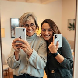 A mirror selfie featuring a 50-year-old mother and her 30-year-old daughter