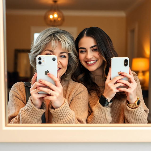 A mirror selfie featuring a 50-year-old mother and her 30-year-old daughter