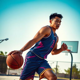 A tall and athletic Asian male basketball player in action, wearing a vibrant basketball jersey and shorts, showcasing a dynamic pose while dribbling a basketball on an outdoor court