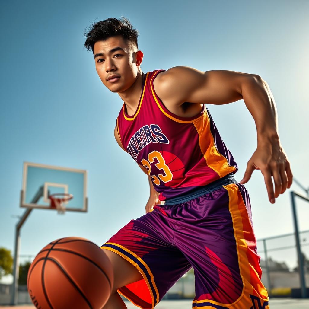 A tall and athletic Asian male basketball player in action, wearing a vibrant basketball jersey and shorts, showcasing a dynamic pose while dribbling a basketball on an outdoor court