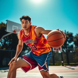 A tall and athletic Asian male basketball player in action, wearing a vibrant basketball jersey and shorts, showcasing a dynamic pose while dribbling a basketball on an outdoor court