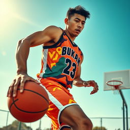 A tall and athletic Asian male basketball player in action, wearing a vibrant basketball jersey and shorts, showcasing a dynamic pose while dribbling a basketball on an outdoor court