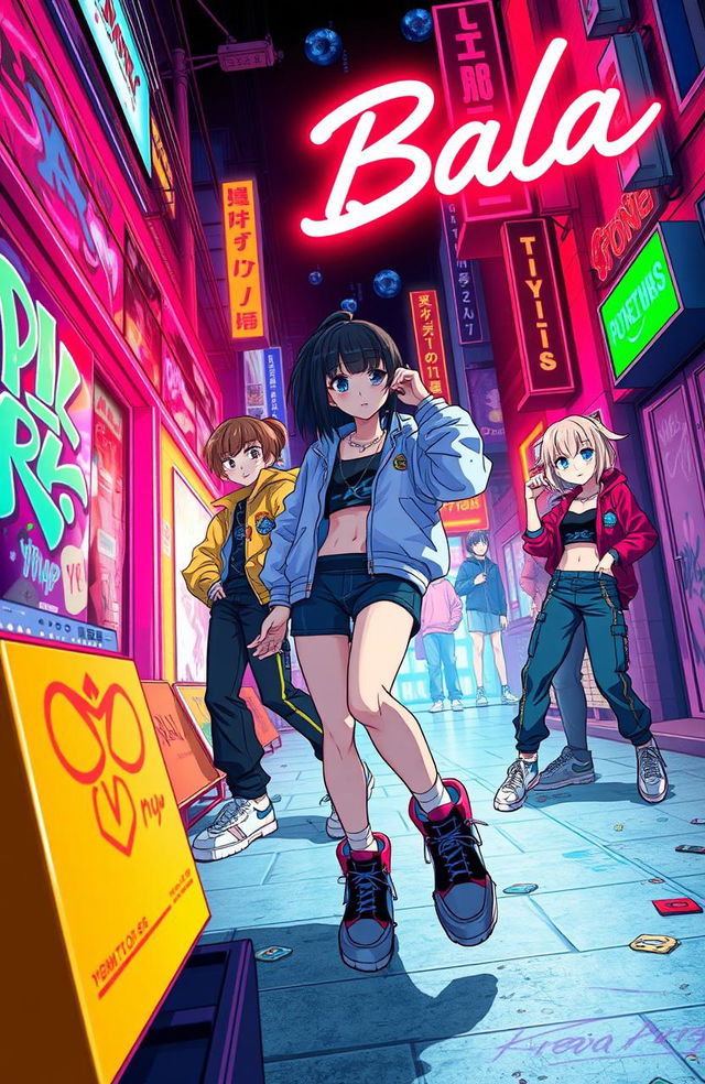 An anime-inspired scene depicting the essence of the song 'Bala', featuring vibrant, colorful visuals with a trap plug aesthetic