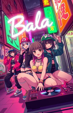 An anime-inspired scene depicting the essence of the song 'Bala', featuring vibrant, colorful visuals with a trap plug aesthetic