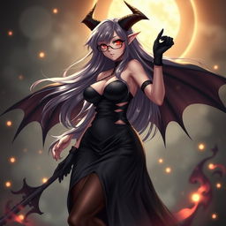 A sexy demonic anime girl witch with long, flowing hair and stylish glasses, exuding an enchanting and alluring presence