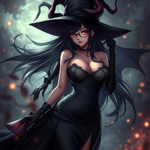 A sexy demonic anime girl witch with long, flowing hair and stylish glasses, exuding an enchanting and alluring presence