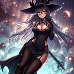 A sexy demonic anime girl witch with long, flowing hair and stylish glasses, exuding an enchanting and alluring presence