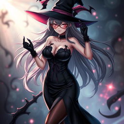 A sexy demonic anime girl witch with long, flowing hair and stylish glasses, exuding an enchanting and alluring presence