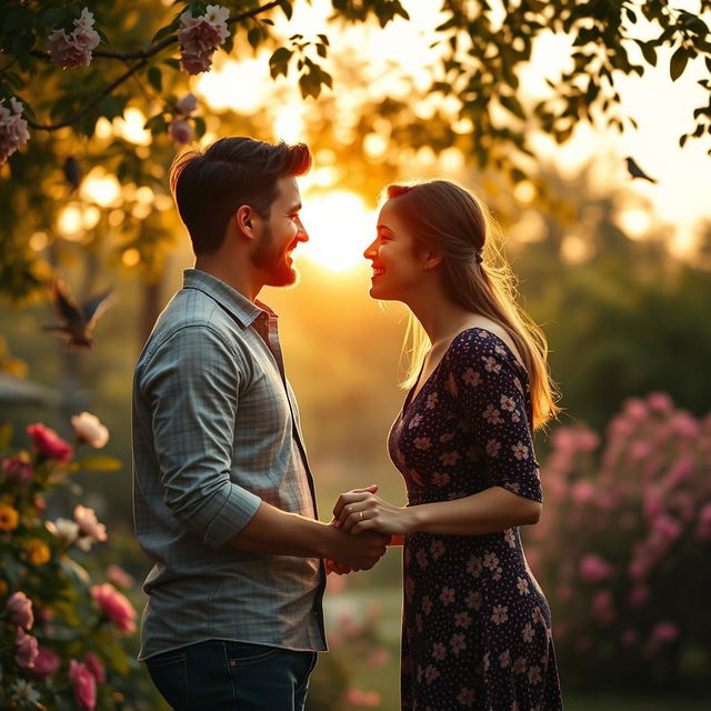 A beautiful, romantic scene depicting two lovers in a serene park during sunset