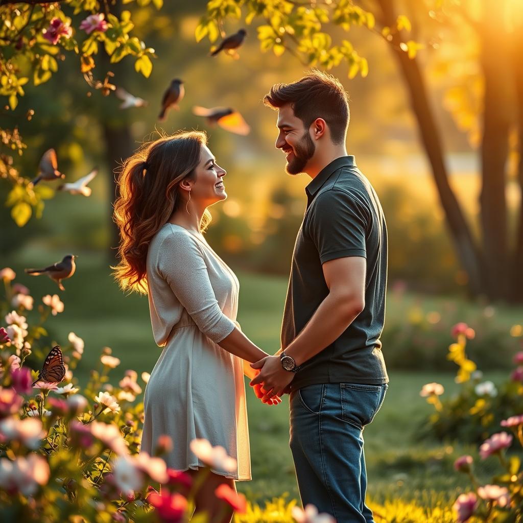 A beautiful, romantic scene depicting two lovers in a serene park during sunset