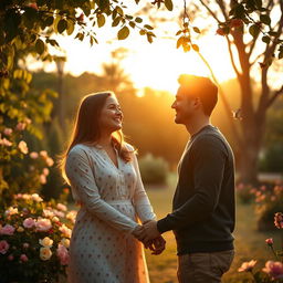 A beautiful, romantic scene depicting two lovers in a serene park during sunset
