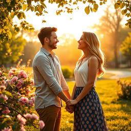 A beautiful, romantic scene depicting two lovers in a serene park during sunset