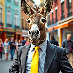A whimsical scene featuring a donkey dressed in a stylish suit and tie, standing confidently